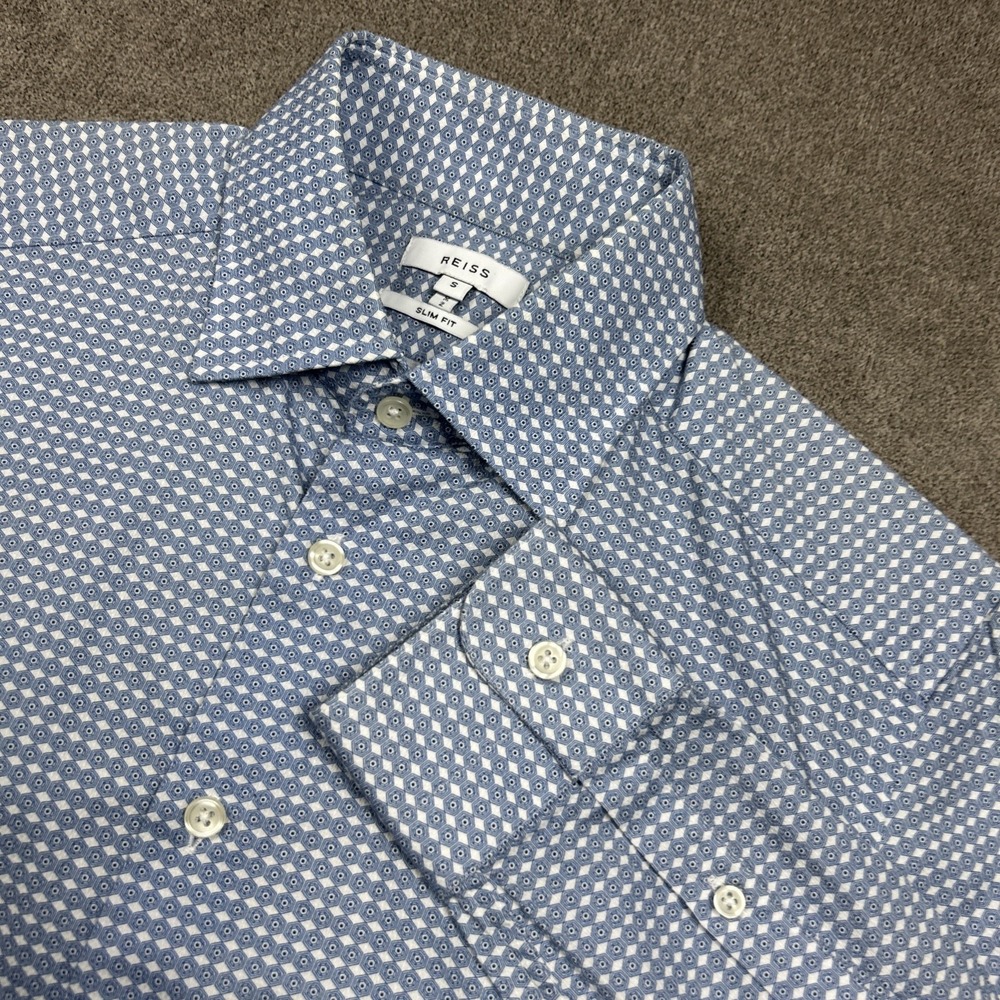 Reiss Shirt Mens Small Blue White Abstract Button Up Slim Fit Cotton Woven